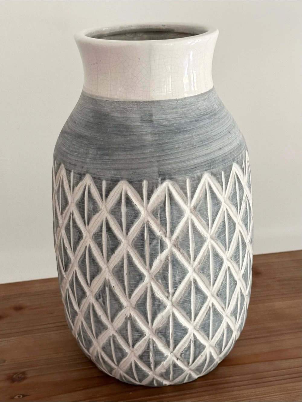Textured Ceramic Vase in Gray Blue and White Diamond Pattern